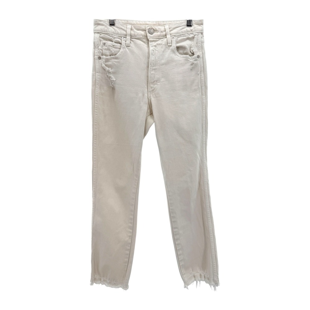 AMO Bella White Oak Distressed‎ High Rise Slim Straight Jeans Off White 27